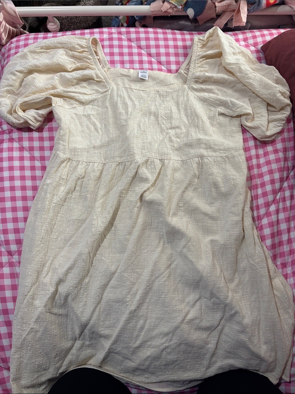 Cream Puff-Sleeve Square-Neck Dress